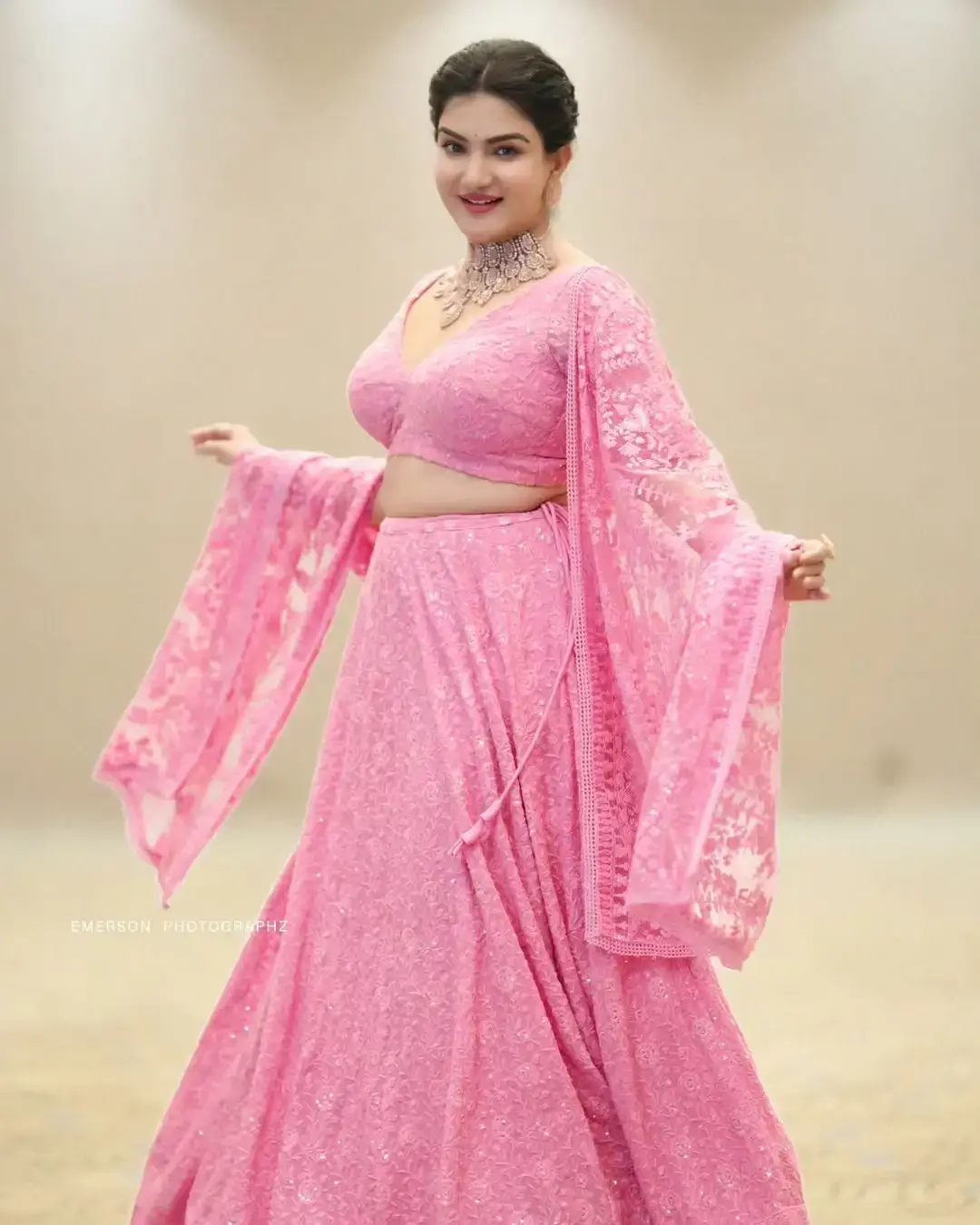 Beautiful Indian Actress Honey Rose in Pink Lehenga Choli